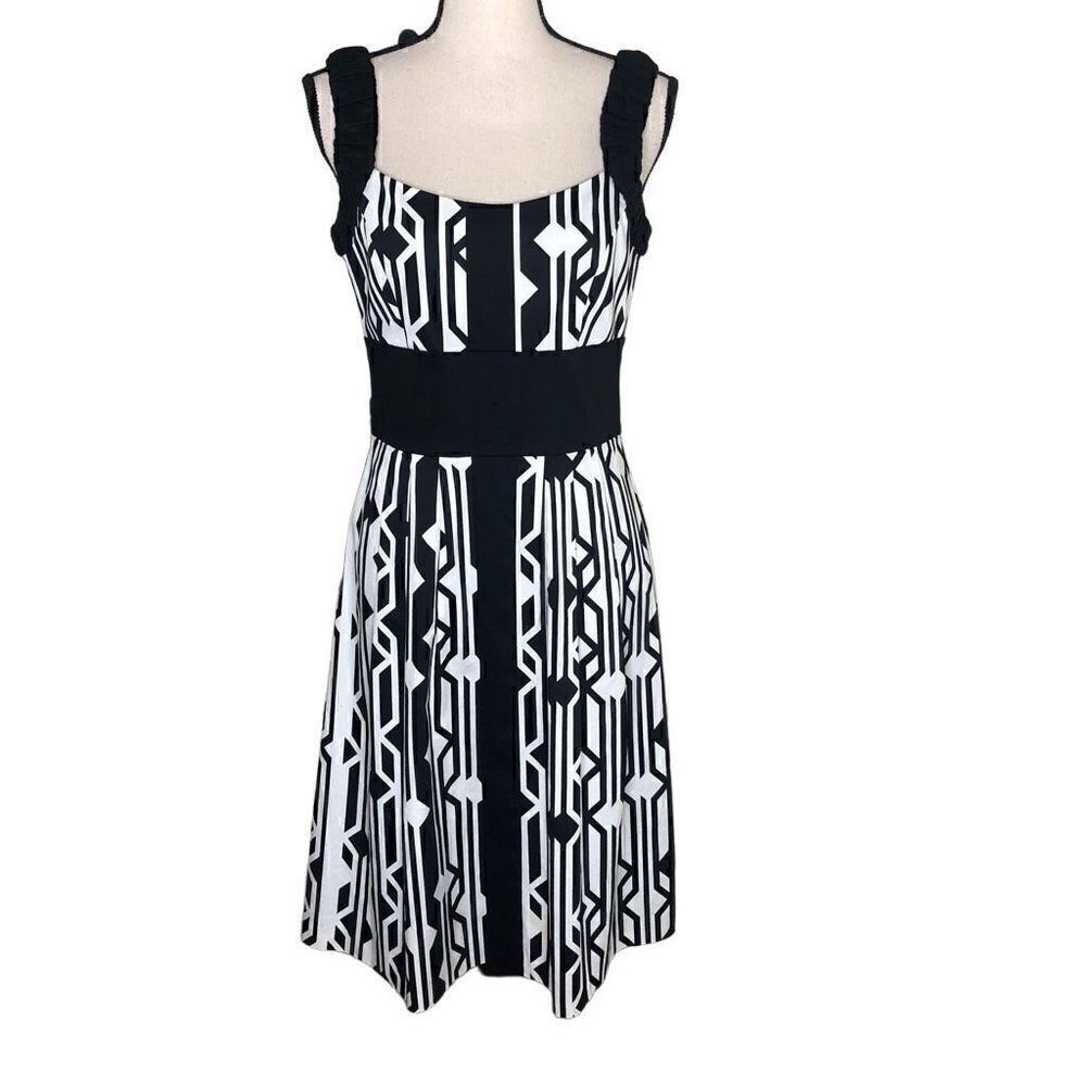 JAX Wide Waist Fit & Flare Dress Black/White Geometric  Sz 6 Mod, Op Art, Retro